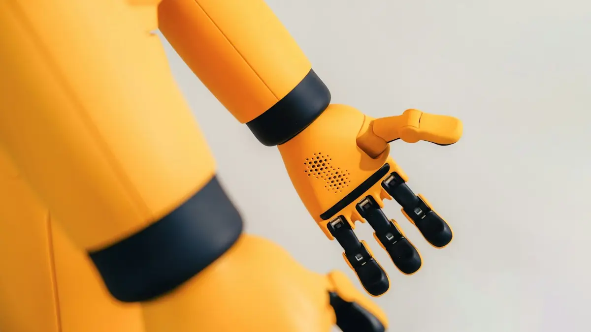 A yellow robotic arm with a mechanical hand reaching out