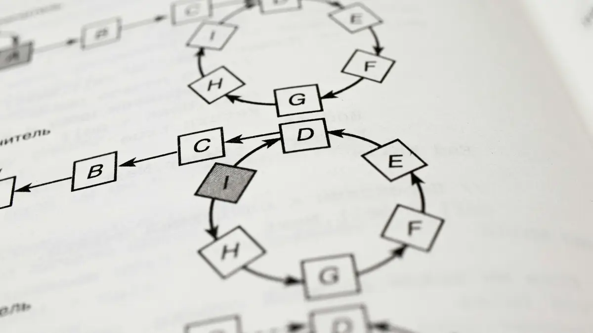 A book open at a diagram of connected nodes