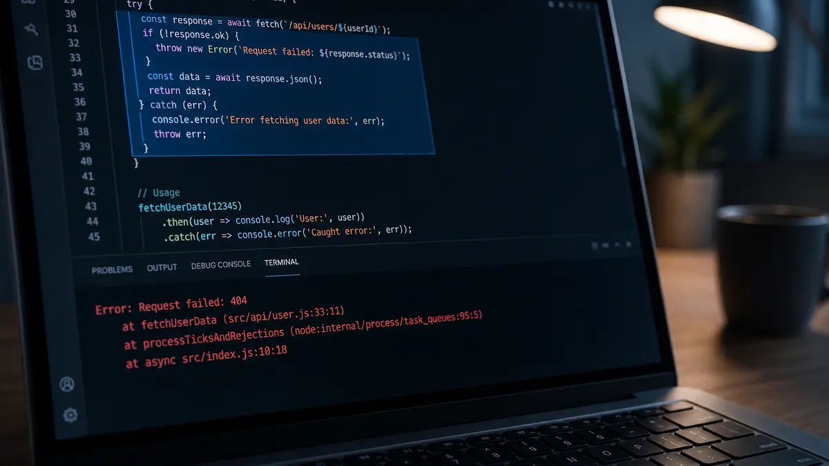 A code editor with a try and catch block and a red error message in the terminal below