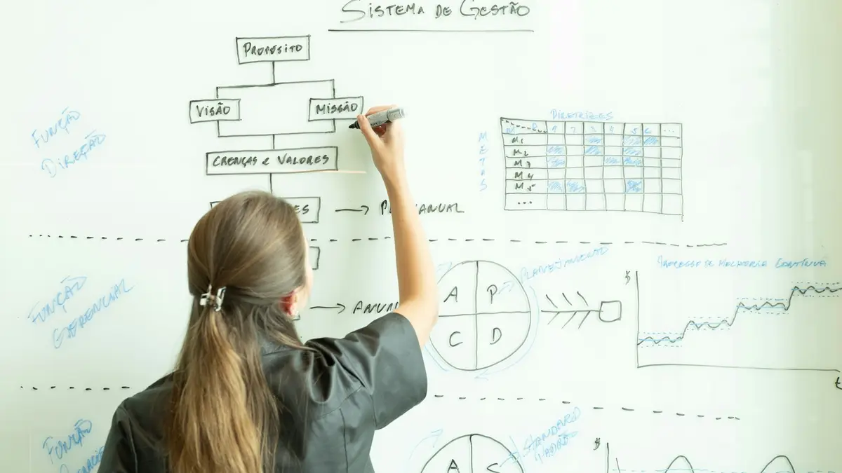 A woman drawing a system diagram on a whiteboard