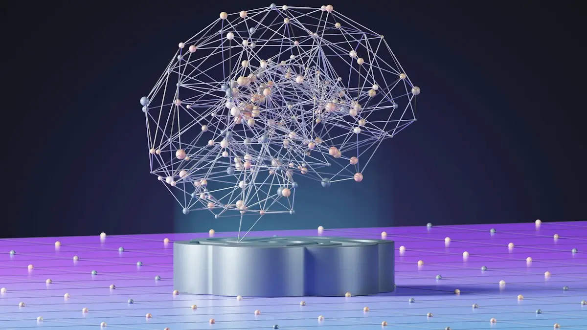 A glowing network of connected dots shaped like a brain