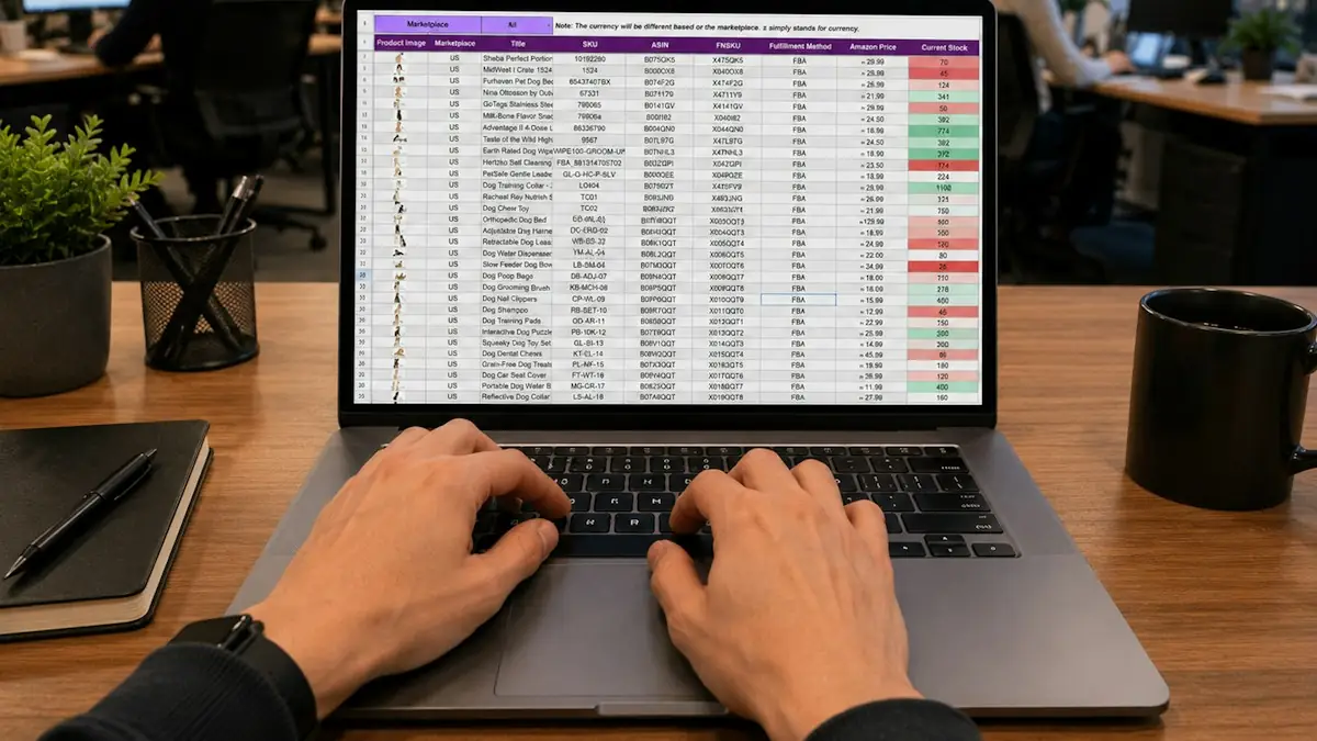 Hands typing on a laptop displaying a data spreadsheet
