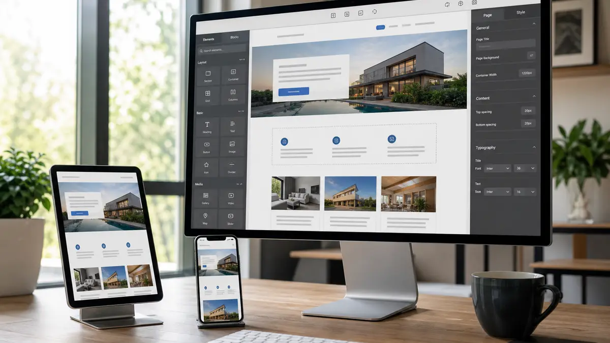 A web designer's desk with a website layout on a large monitor and the same design on a tablet and a phone